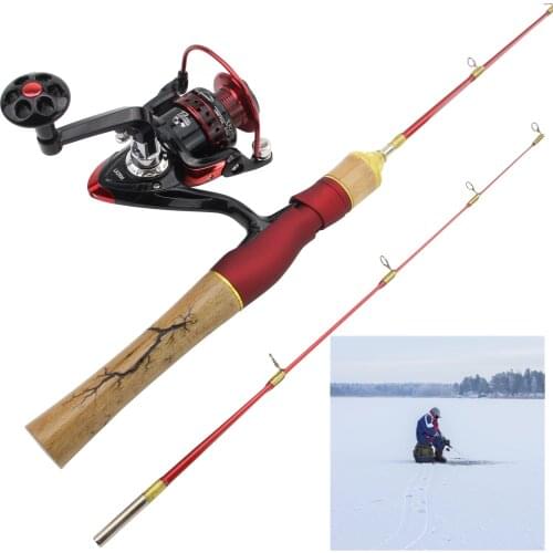 High Quality 58cm Winter fishing Rod Reel Combos Beautiful ice fishing rod 2000 reel Wooden handle Flat tips ultrashort Rods