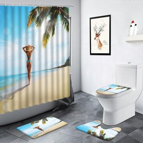 Summer Ocean Landscape Shower Curtain Beach Sexy Girl Tropical Plant Palm Leaves Seaside Scenery Bathroom Non-slip Bath Mats Set