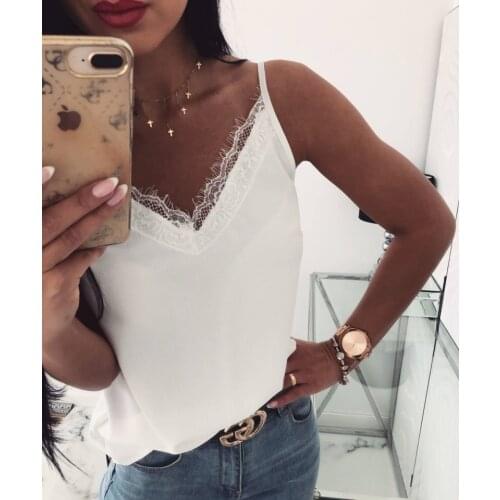 Womens Summer Sleeveless Vest Tank Tops Blouse Tee Satin Silk Backless V-Neck Lace Solid Casual Shirts Cami Tops