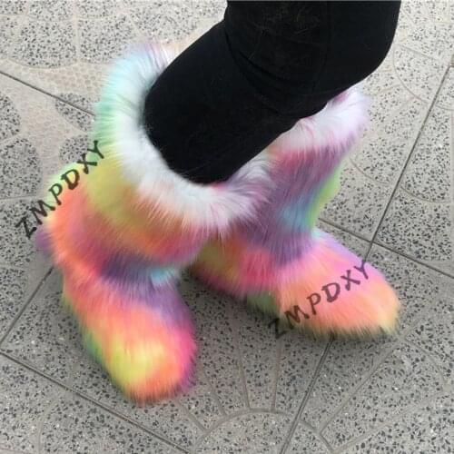 Ladies Winter Mixed Colour High Snow Boots Womens Rain Cotton Shoes Girls Fluffy Botas Mujer Indoor Warm Plush Platform Boots