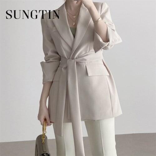 Sungtin Elegant Office Lady Solid Blazer Notched Collar Long Sleeve Loose Lace Up Suit Jacket for Women Spring Female Outwear