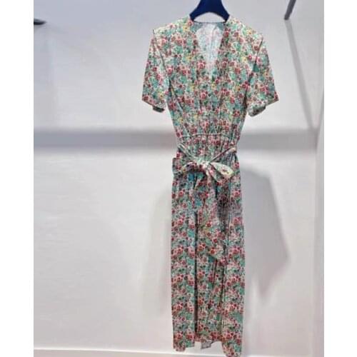 Womens summer casual dress with printed lace-up high-waist short-sleeved V-neck elegant dress