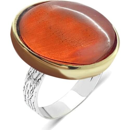 Red Amber Squeezing Cubic Zirconia Silver Women 'S Authentic Adjustable Ring Midyat Silver