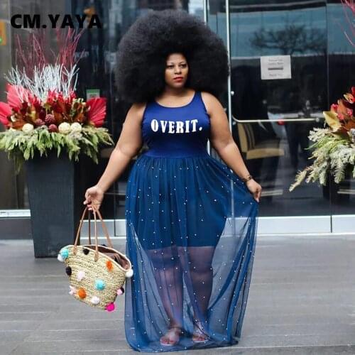 CM.YAYA Plus Size Women Beading Mesh See Though Maxi Dress Casual Patchwork Sleeveless Tank Long Dresses