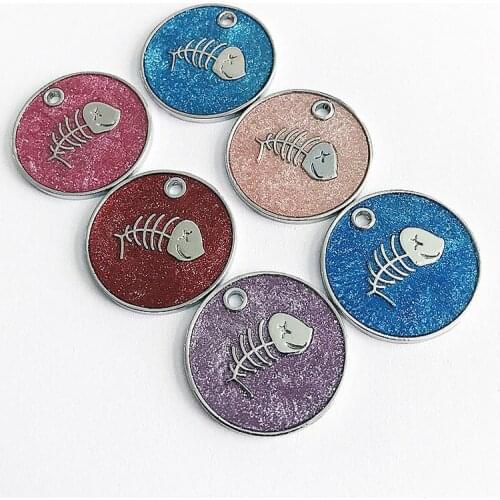 Dog Tags Engraved Cat Puppy Pet ID Name Dog Collar Tag Pendant Pet Accessories Fish Bone Glitter Random Color