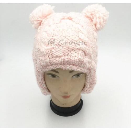 Winter Kids Girls Pink Lovely Twisted Flowers Stitch 2 Layers Kintted Hat With 2 Pompoms Earmuffs Hat
