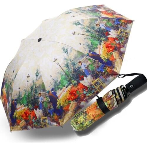 Automatic Oil Painting Umbrellas Rain Woman Folding Sun Umbrella Black Coating Female Parasol Anti-UV Females Business Umbrella