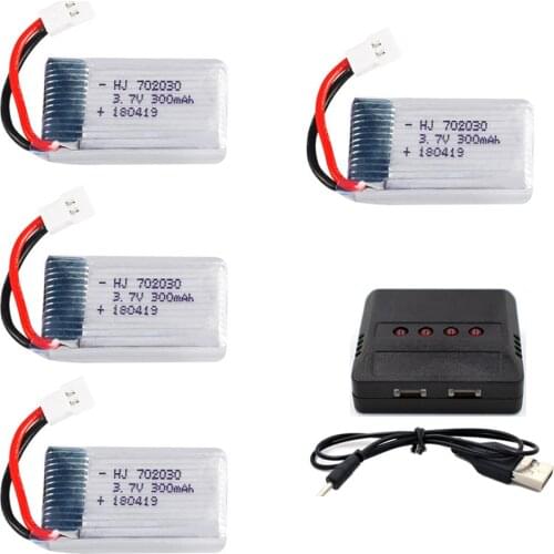 4PCS 3.7V 300mAh Lipolymer High Rate Battery +Charger For Drone Quadcopter Helicopter 51005 Plug 702030Plug