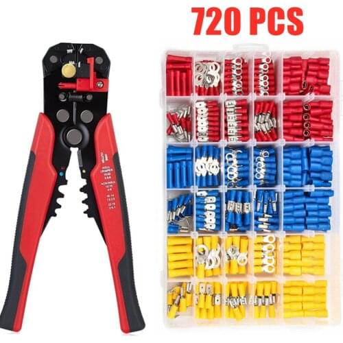 720PCS Insulated Cable Connector Electrical Wire Crimp Spade Butt Ring Fork Ring Lugs Rolled Terminals + Self Adjusting Plier