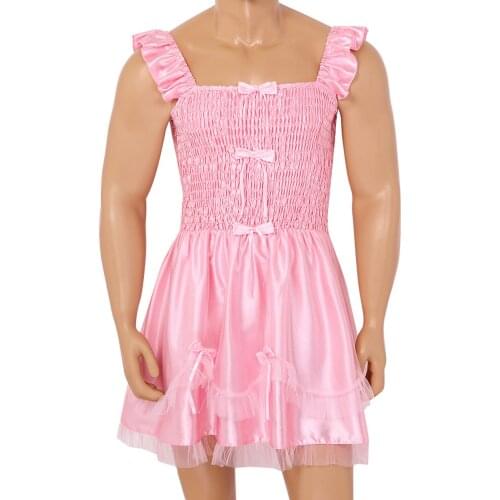 Male Gay Satin Dress Sleeveless Ruffled Bodice Babydoll Sissy Dress Men Sexy Crossdressing Sleepwear Adult Crossdresser Dresses