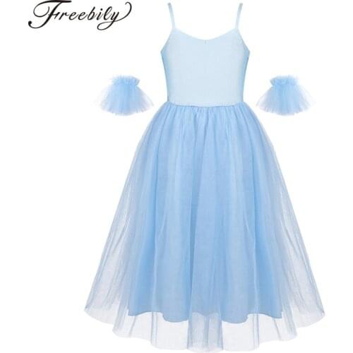 Kids Girls Ballroom Dancing Dress Romantic Style Mesh Tutu Ballet Long Dress + Ruffled Arm Sleeves for Competition Costumes