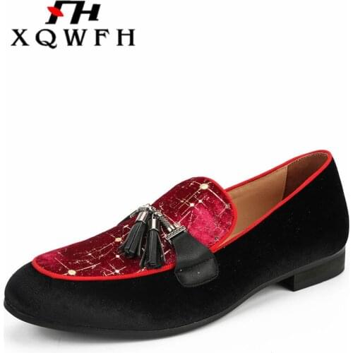 Handmade Velvet Men Loafers Fashion Party and Wedding Men Tassel Shoes Male Smoking Slipper Plus Size Mens Flats