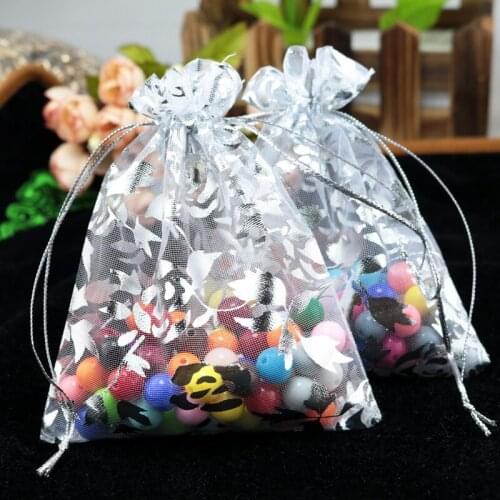 Free Shipping 100pcs/lot Rose Print White Organza Bags 7x9cm Small Wedding Favor Gift Bag Charms Jewelry Packaging Bags Pouches