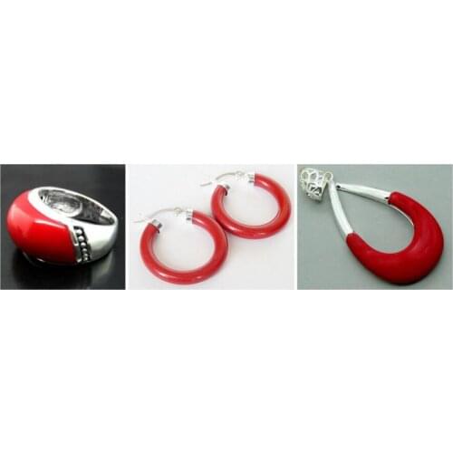Free Shipping Perfect matched Red Carved Lacquer Marcasite 925 Sterling Silver Ring(#7-10) Earrings & Pandent jewelry sets