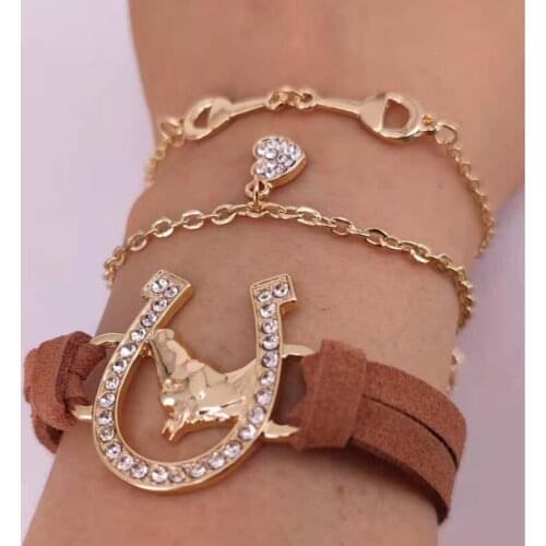 Hzew 3 pcs/set crystal heart bracelet Leather rope horse head bracelets