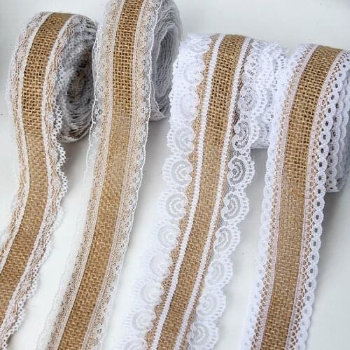 2.5cm Jute Burlap Ribbons with White Lace Trim DIY Handmade Crafts 2Meters Fabric Wedding Christmas Halloween Party Decoration