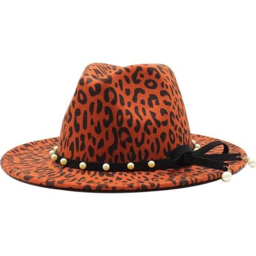 Seioum Felt Fedora Mens Jzz Hats Gentleman Cotton Winter Women Leopard print pearl Wide Brim Top Hat Chapeau Femme