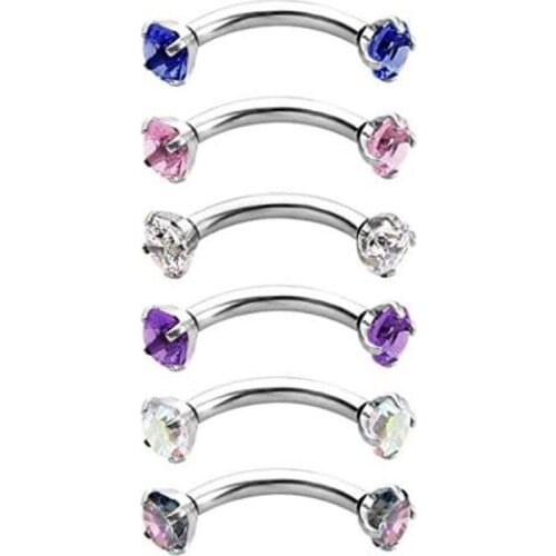 JFORYOU 6 PCS 16G 5/16" (8MM) Stainless Steel Cubic Zirconia Curved Barbell Ear Rook Tragus Earring Eyebrow Piercing