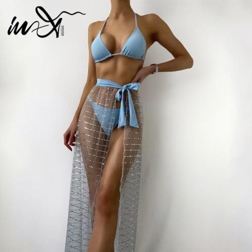 In-X Mesh skirt 3 pieces set Blue bikini 2021 Halter swimsuit womens swimming suit Triangle swimwear women Sexy bathing suit