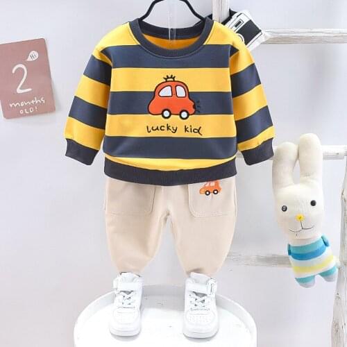Baby boy clothes set spring autumn striped cartoon car cute cotton long-sleeved 2-piece suit childrens boy sweater casual suit