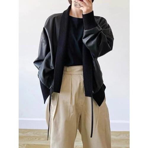 High Quality Spring Autumn Knitting Genuine Sheepskin Leather V-Neck Short Leather Jacket Womens Loose Leather Jacket Coat