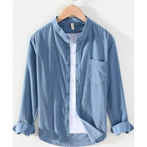 Py9311 Autumn Winter Men Corduroy Shirts Casual Premium Cotton Simple Stand Collar Long Sleeve Pocket Handsome 7 Colors Tops