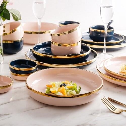 Golden Edge Luxury Ceramic Dishes Complete Tableware Plates Set for 2/4/6 Person Dining Set Porcelain Cake Plate Dinner Set Dish