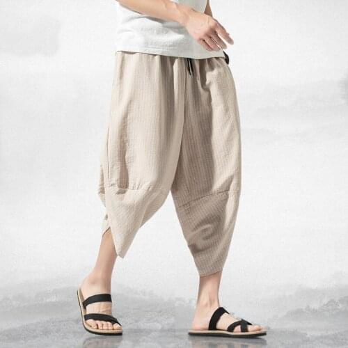 2021 Summer New Chinese Style Pants MenS Striped Wide Leg Pants Casual MenS Leggings Loose Large Cotton Linen Capris 30715