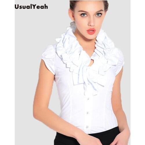 New Casual Women Body Blouses Shirt Short sleeve Ruffled Collar Ruffles blusa feminina summer tops white S-XXL SY0255