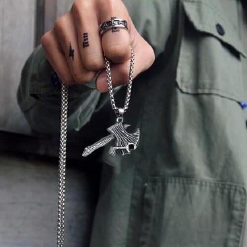 Hip Hop Skull Tomahawk Pendant Necklace for Men Gothic Weapon Stainless Steel Axe Trendy Male Student Street Party Jewelry Gift