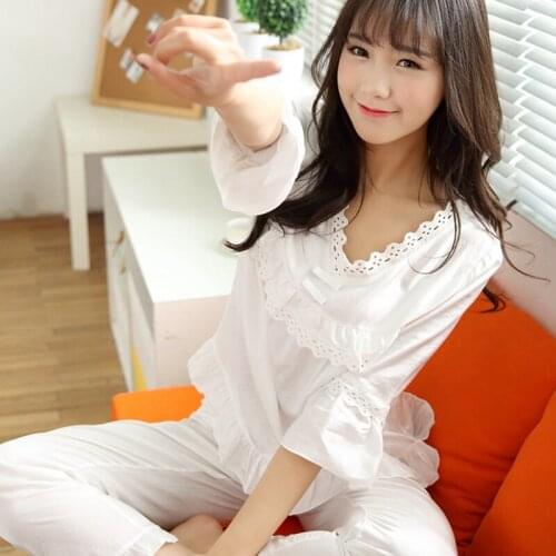 Pajamas female summer white pink loose cotton thin section suit lace cute princess trousers home service charming Nightgown