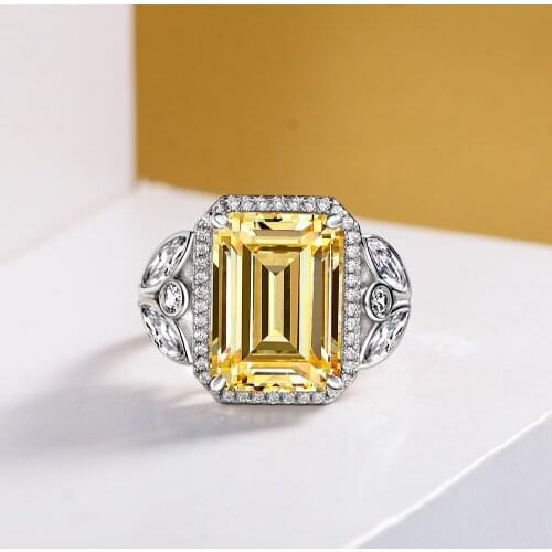 Luxury 100% 925 Sterling Silver Rings Emerald Cut Created Moissanite Citrine Gemstone Engagement Fine Jewelry Vintage Ring