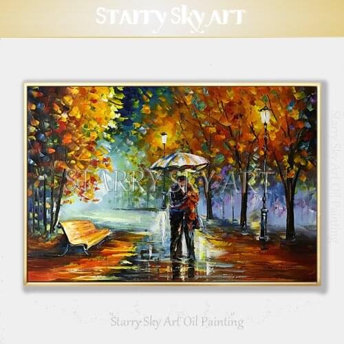 Hand-painted Lover Under Umbrella Knife Acrylic Painting Beautiful Lover Stay at Dark Lighting Street Knife Acrylic Painting