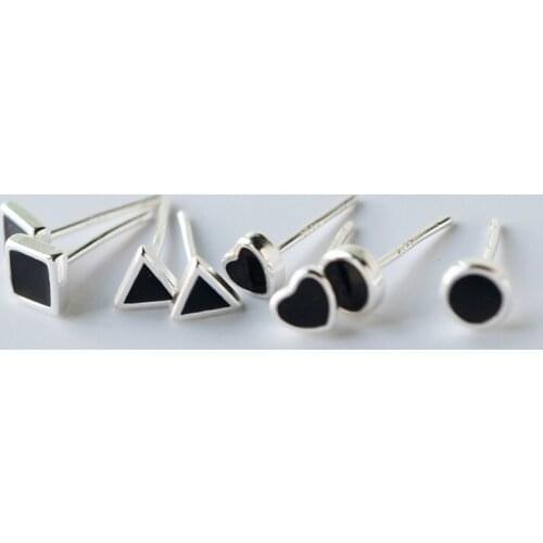 MloveAcc 925 Sterling Silver Tremella Nail Classic Black Women Men Square Round Small Heart Stud Earrings Geometric Stud Earring