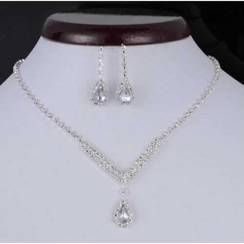 Rhinestone Waterdrop Wedding Jewelry Set Crystal Drop Earring Pendant Necklace Bridal Bridesmaid Jewelry Sets 3 PCS