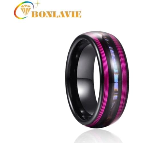 8mm Electric Black Inlaid Purple Guitar Strings Abalone Dome Tungsten Carbide Ring Mens Fashion Wedding Jewelry Best Gift