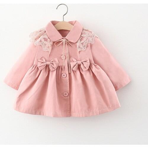 2021 New Spring Autumn Girls Baby Trench Coat Sweet Lace Collar Cute Bow Cotton Jackets Kids Fashion Princess Overcoats Clothes