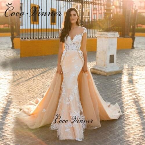 Cap Sleeves Appliques Detachable Wedding Dresses Champagne Trumpet Wedding Gown Embroidered Lace on Net South America W0601