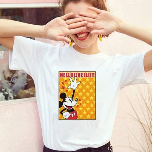 Hello Hello Mickey Mouse Print T Shirt Women Disney Summer Camisetas De Mujer O-Neck Kawaii Tee Tops For Female Clothes Dropship