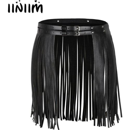 Womens Adult Adjustable Faux Leather Waistband Fringe Tassel Skirt Belt Nightclub Costume Cosplay Parties Skirts for Halloween