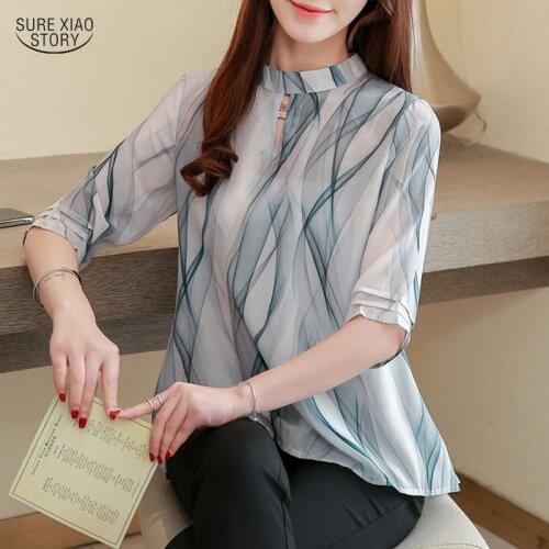 New Arrival Pluse Size Printing Women Chiffon Blouse 2021 Summer Casual Half Sleeve Women Tops Blue And Red Female Shirt 5073 50