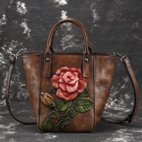 2021 Spring New Handmade Genuine Leather Women Bag Retro Embossed Bucket Handbag Casual Cowhide Flower Large Tote Bag Sac A Main