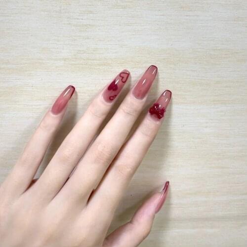 24pcs Burgundy Butterfly Wear Long Paragraph Fashion Manicure Patch False Nails Save Time Wearable Nail Patch SANA889