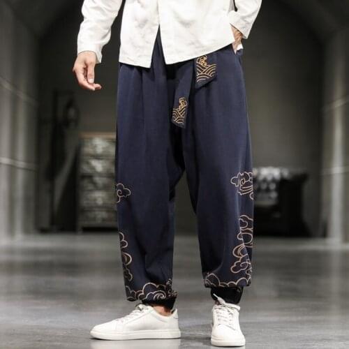 Chinese Style Retro Auspicious Clouds Embroidery Pants Men Clothing Autumn Fashion Loose Trousers Plus Size Harem Pants 30367