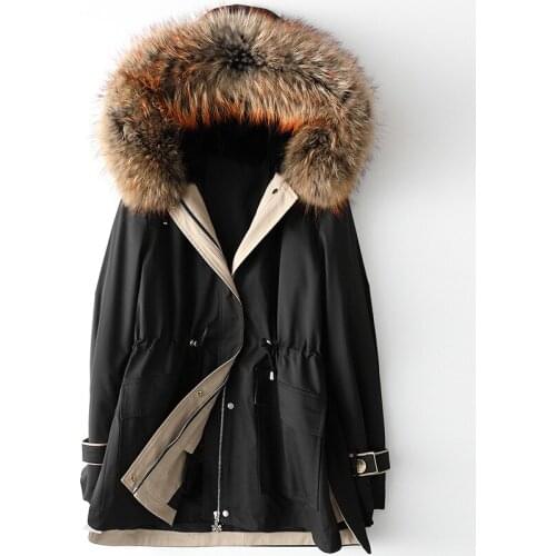 Womens Middle Long Raccoon Dog Parka Autumn and Winter New Rabbit Hair Inner Bladder Hooded Zipper Fur Collar Thick Warm Coat