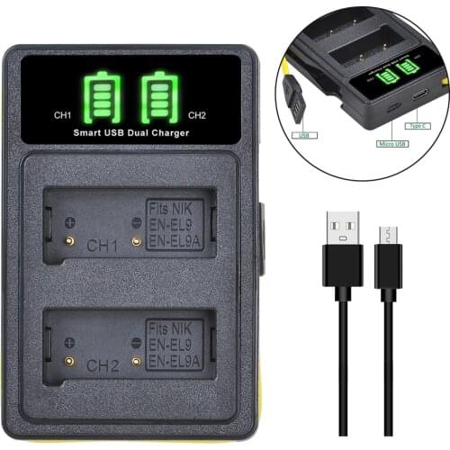 EN-EL9 EN-EL9a EN EL9 ENEL9 ENEL9a LED Dual Battery Charger with Type C for Nikon D40 D40X D60 D3000 D5000 Digital Camera