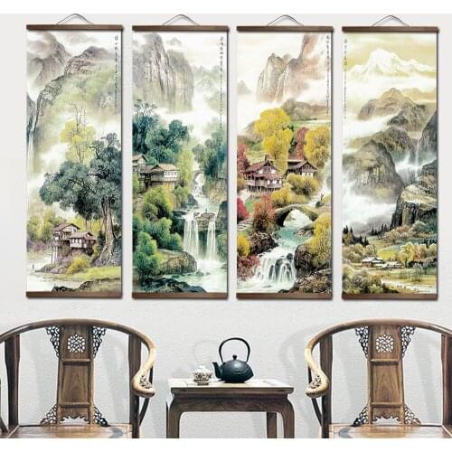 Chinese Traditional Style Four Seasons Landscape Canvas for Living Room Wall Art Poster Scroll Hanging Painting Home Decor