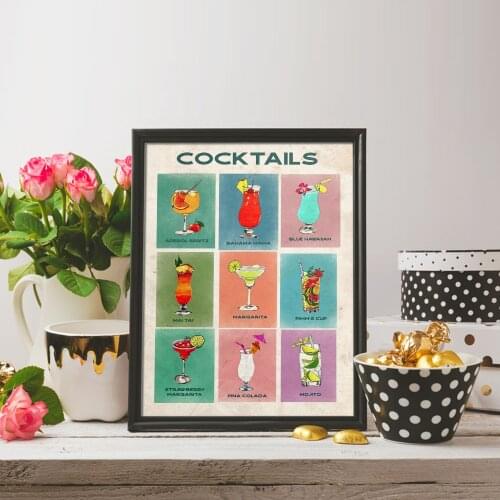 Summer Cocktails Digital Wall Art Cocktail Printable Vintage Poster Wine Canvas Painting Bar Cart Art Dorm Decorations No Frame