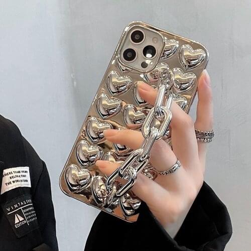 Fashion 3D Love Heart Silver Wrist Chain Phone Case For iPhone 12 Pro Max XS MAX 11 Pro Max XR XS 7 8 Plus Soft Silicone Cover