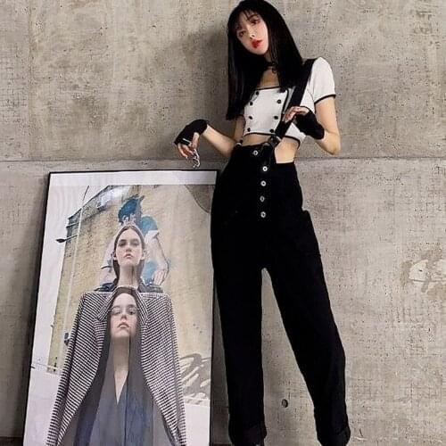 Irregular One-shoulder Single-breasted High-waist Denim Personality Was Thin Loose Denim One-shoulder Strap Trousers Women